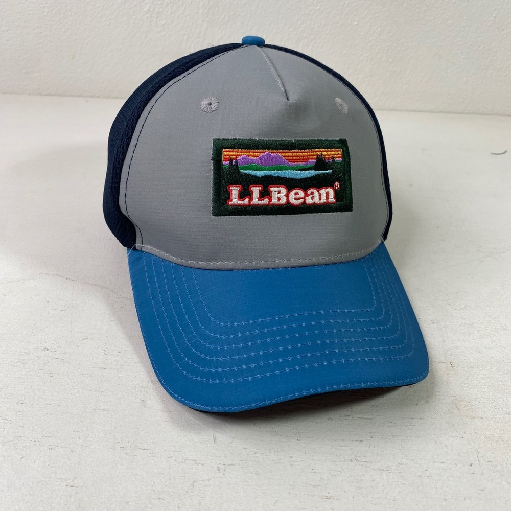 LL Bean Trucker Hat Mesh Snapback Grey Blue Mountain Patch Logo Cap OSFA 503594